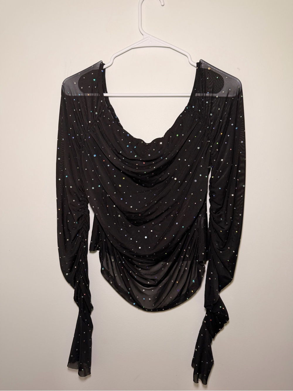 Shein curve black mesh top draped cowl neck allover rhinestones stud long sleeve